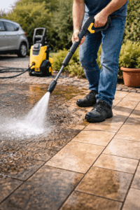 pessoa usando lavadora de alta pressão no piso