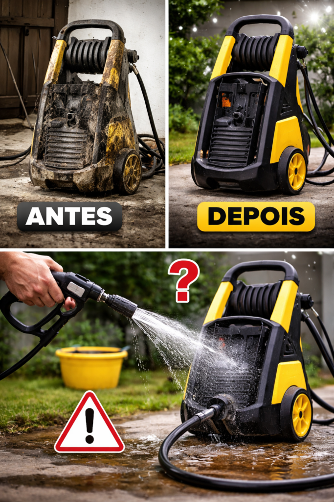 comparação antes e depois de manutenção de lavadora de alta pressão, além de exemplo de erro que causa falha no equipamento