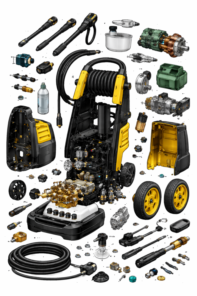 vista explodida de lavadora de alta pressão com todos os componentes internos detalhados