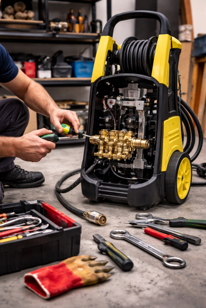 manutenção de lavadora de alta pressão desmontada com técnico ajustando a bomba