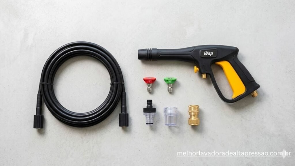 Três ponteiras de bico de lavadora de alta pressão WAP com bases coloridas (vermelho, branco e preto) sobre uma superfície de madeira.