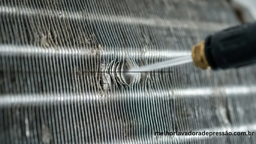 Detalhe de aletas de ar-condicionado amassadas por uso incorreto de lavadora de alta pressão.