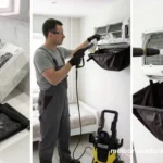 Montagem fotográfica mostrando o passo a passo da limpeza de ar-condicionado com lavadora de alta pressão e bolsa coletora de água.