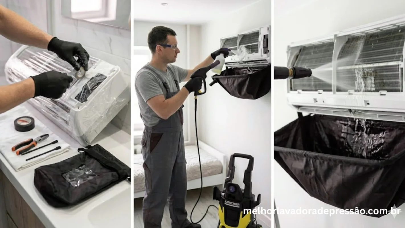 Montagem fotográfica mostrando o passo a passo da limpeza de ar-condicionado com lavadora de alta pressão e bolsa coletora de água.