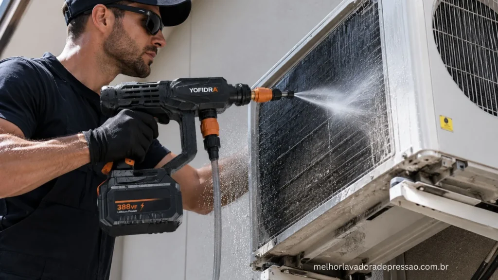 Higienização de ar-condicionado split utilizando uma lavadora de pressão portátil a bateria profissional.