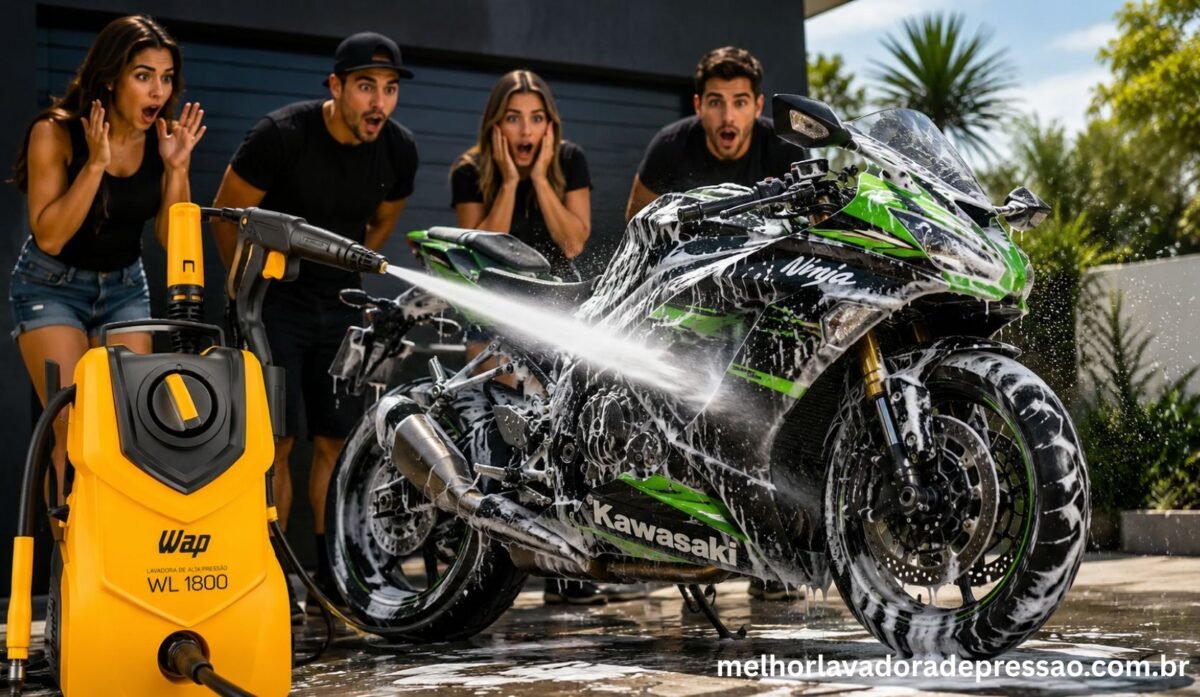 A Kawasaki de alta cilindrada totalmente coberta por espuma branca sendo lavada por uma lavadora de alta pressão vender 1800